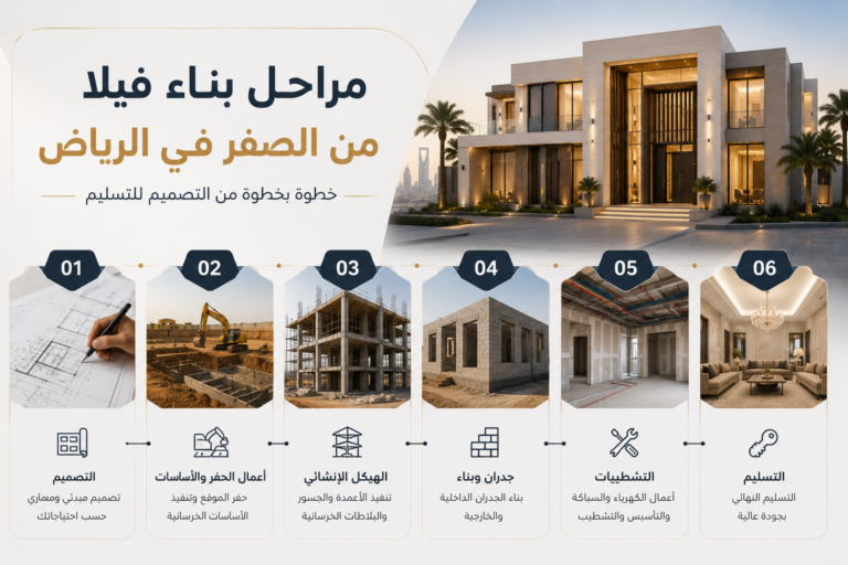 مراحل بناء فيلا من الصفر في الرياض — خطوة بخطوة من التصميم للتسليم